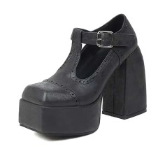 Square Toe Rustic Pueblo Style T Straps Mary Janes Chunky Heels Platforms Pumps - Black Faux Leather