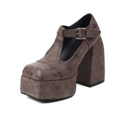 Square Toe Rustic Pueblo Style T Straps Mary Janes Chunky Heels Platforms Pumps - Brown Faux Leather