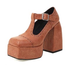 Square Toe Rustic Pueblo Style T Straps Mary Janes Chunky Heels Platforms Pumps - Orange Faux Leather