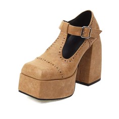 Square Toe Rustic Pueblo Style T Straps Mary Janes Chunky Heels Platforms Pumps - Apricot Tan Faux Leather