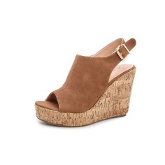 Platform Peep Toe Buckle Back Strap Wedge Outdoor Rivet Sandals  - Brown