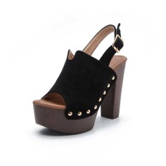 Chunky Heels Platform Peep Toe Buckle Back Strap Outdoor Rivet Sandals  - Black