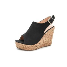  Platform Peep Toe Buckle Back Strap Wedge Outdoor Rivet Sandals  - Black