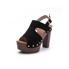 Chunky Heels Platform Peep Toe Buckle Back Strap Flock Outdoor Rivet Sandals  - Black