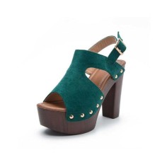 Chunky Heels Platform Peep Toe Buckle Back Strap Flock Outdoor Rivet Sandals  - Green