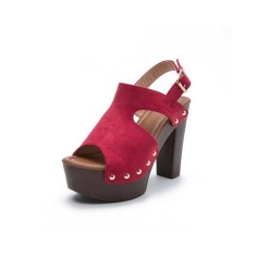 Chunky Heels Platform Peep Toe Buckle Back Strap Flock Outdoor Rivet Sandals  - Red