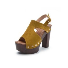 Chunky Heels Platform Peep Toe Buckle Back Strap Flock Outdoor Rivet Sandals  - Yellow