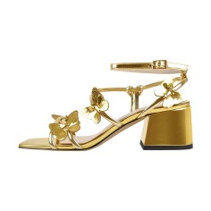 Square Open Butterfly Decorated Ankle Buckle Straps Chunky Heels Summer Sandals - Gold Patent
