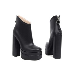 Round Toe Chunky Heels Platforms Back Zipper Ankle Booties - Black