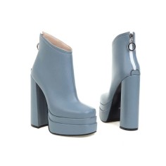 Round Toe Chunky Heels Platforms Back Zipper Ankle Booties - Blue
