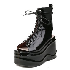 Peep Toe Ankle Highs Lace Up Platforms Gladiator Wedges Summer Boots - Black