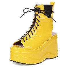 Peep Toe Ankle Highs Lace Up Platforms Gladiator Wedges Summer Boots - Yellow