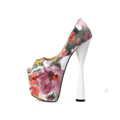 Peep Toe Thin Heels Platforms Flowers Printed Pumps - Pink