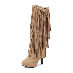 Round Toe Chunky Heels Fringe Decorated Knee highs Boots - Beige Flock