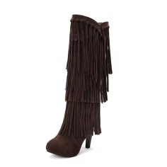 Round Toe Chunky Heels Fringe Decorated Knee highs Boots - Brown Flock