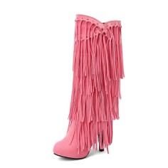 Round Toe Chunky Heels Fringe Decorated Knee highs Boots - Pink Flock