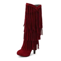 Round Toe Chunky Heels Fringe Decorated Knee highs Boots - Wine Flock