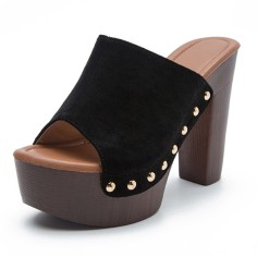 Peep Toe Rivet Decorated Suede Platforms Chunky Heels Sandals - Black