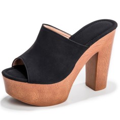 Peep Toe Suede Platforms Chunky Heels Sandals - Black