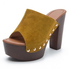 Peep Toe Rivet Decorated Suede Platforms Chunky Heels Sandals - Yellow