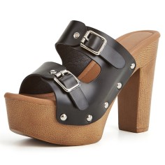 Peep Toe Buckle Straps Rivet Decorated Vegan Leather Platforms Chunky Heels Sandals - Black