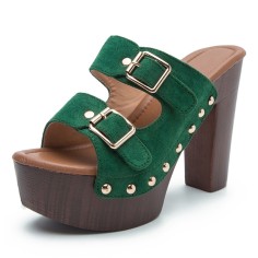 Peep Toe Buckle Straps Rivet Decorated Suede Platforms Chunky Heels Sandals - Green