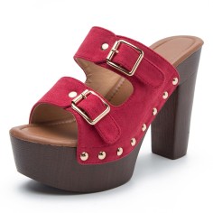 Peep Toe Buckle Straps Rivet Decorated Suede Platforms Chunky Heels Sandals - Red