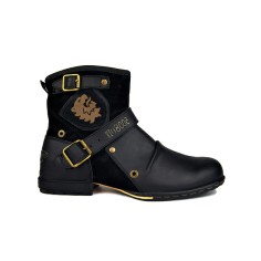 Round Toe Side Zipper Up Motorcycle Western Ankle Buckle Straps Rustic Boots  - Black