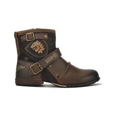 Round Toe Side Zipper Up Motorcycle Western Ankle Buckle Straps Rustic Boots  - Brown