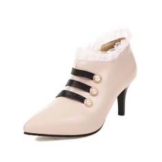 Pointed Toe Lace Decorated Stiletto Heels Ankle Highs Sexy Booties - Beige Faux Leather