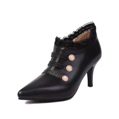 Pointed Toe Lace Decorated Stiletto Heels Ankle Highs Sexy Booties - Black Faux Leather