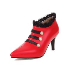 Pointed Toe Lace Decorated Stiletto Heels Ankle Highs Sexy Booties - Red Faux Leather