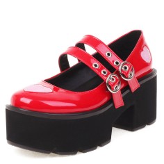 Round Toe Chunky Heels Platforms Sweet Hearts Mary Janes Rock Gothic Double Straps Pumps - Red