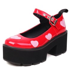 Round Toe Chunky Heels Platforms Sweet Hearts Mary Janes Rock Gothic Pumps - Red