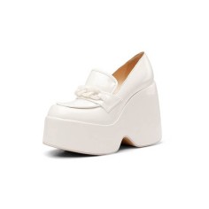 Round Toe Patent Platforms Chain Decorated Loafers - White