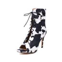 Peep Toe Stiletto Heels Flock Suede Lace Up Spring Gladiator Spring Ankle Straps Sandals Pumps - Cow Black