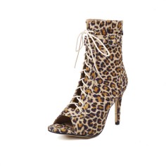 Peep Toe Stiletto Heels Flock Suede Lace Up Spring Gladiator Spring Ankle Straps Sandals Pumps - Leopard