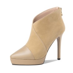 Pointed Toe Stiletto Heels Ankle High Platforms Suede Booties - Apricot