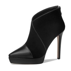 Pointed Toe Stiletto Heels Ankle High Platforms Suede Booties - Black