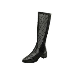 Chunky Heels Back Zipper Knee High Transparent Dots Mesh Boots - Black