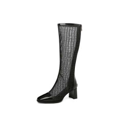 Chunky Heels Back Zipper Knee High Transparent Cut-Out Mesh Boots - Black