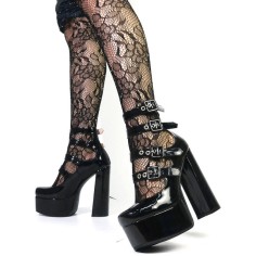 Round Toe Chunky Heels Platforms Ankle Buckle Straps Punk Rock Gothic Pumps - Black