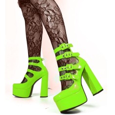 Round Toe Chunky Heels Platforms Ankle Buckle Straps Punk Rock Gothic Pumps - Green