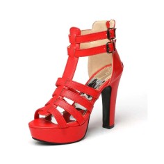 Palm Springs Peep Toe Cuban Heels Ankle T-Straps Gladiator Summer Platform with Back Zipper - Red