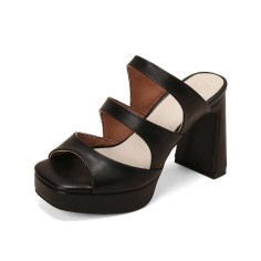 Peep Toe Platforms Chunky Heels Slippers Sandals - Black