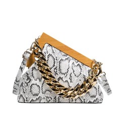 Snake Print Vintages Wooden Clips Trend Shoulder Bags - Beige