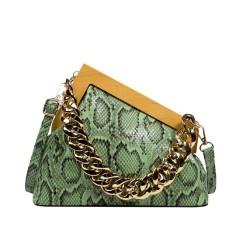 Snake Print Vintages Wooden Clips Trend Shoulder Bags - Green
