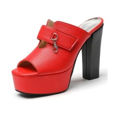 Manhattan Peep Toe Cuban Heels Platform Summer Sandals - Red