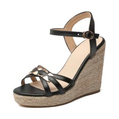 Peep Toe Knitted Straw Wedge Ankle Strap Elegant Sandal  - Black