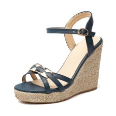 Peep Toe Knitted Straw Wedge Ankle Strap Elegant Sandal  - Blue